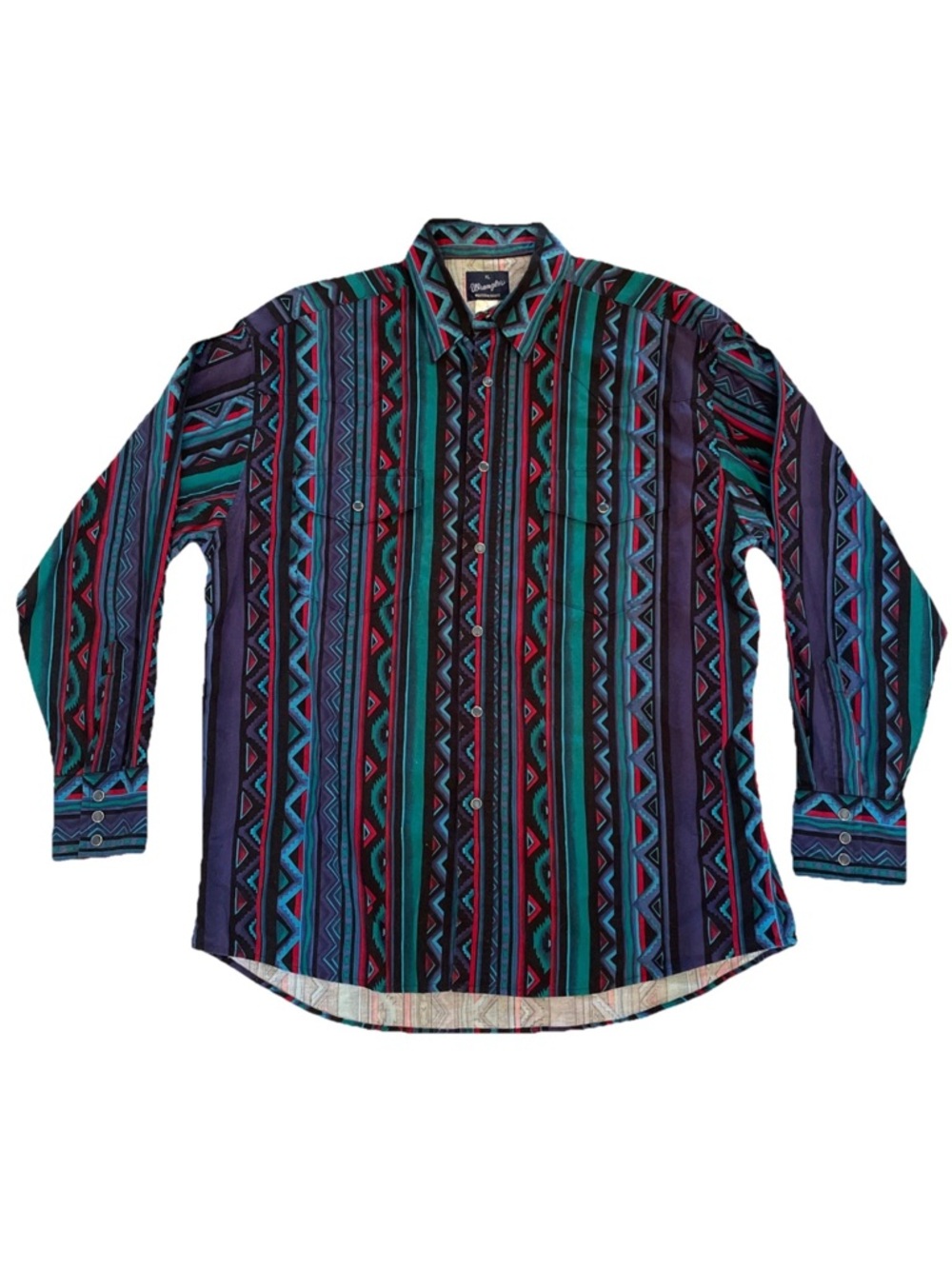VTG Wrangler Pearl Snap Shirt Multicolor Aztec Navajo Western XL 80s 90s